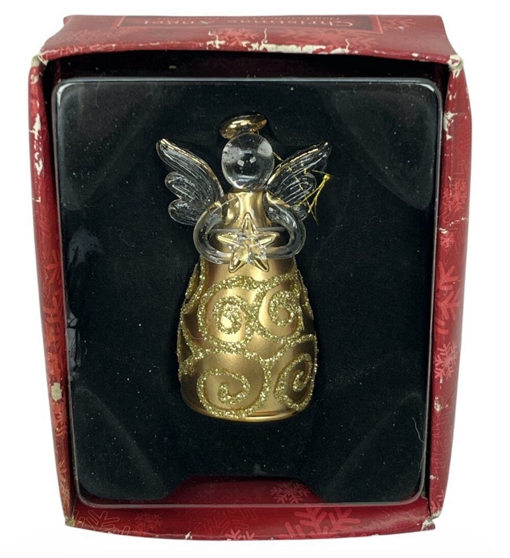 Vintage AIM Global Glass Angel Ornament with Gold Glitter Accents
